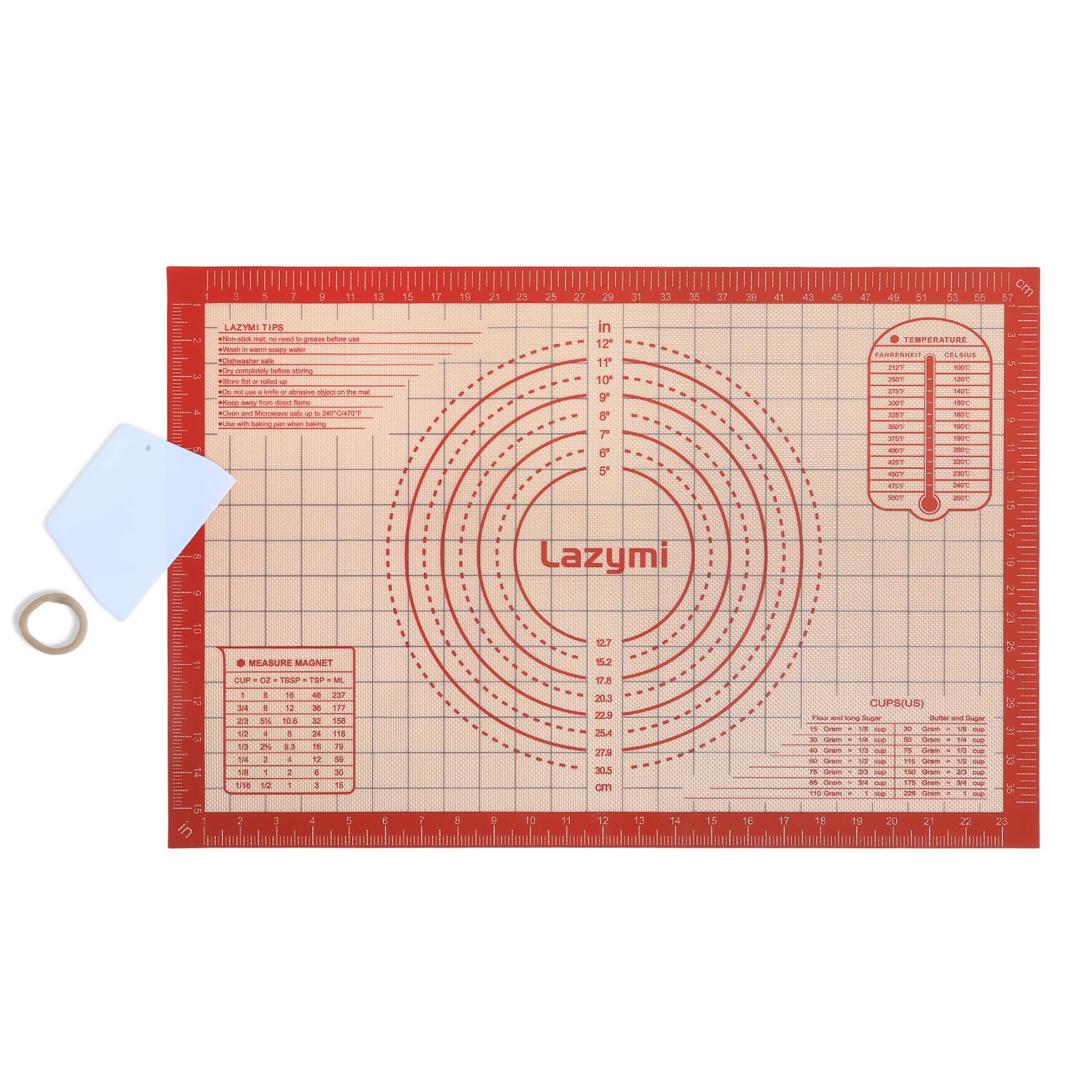 Lazymi Extra Thick Silicone Baking Mat: 60 x 40cm Non Stick Pastry Rolling Mat with Measurement, Non-Slip Dough Kneading Mat, Kitchen Counter Mat, Silicon Baking Sheet for Pie/Cake/Pizza (Red+Scraper)