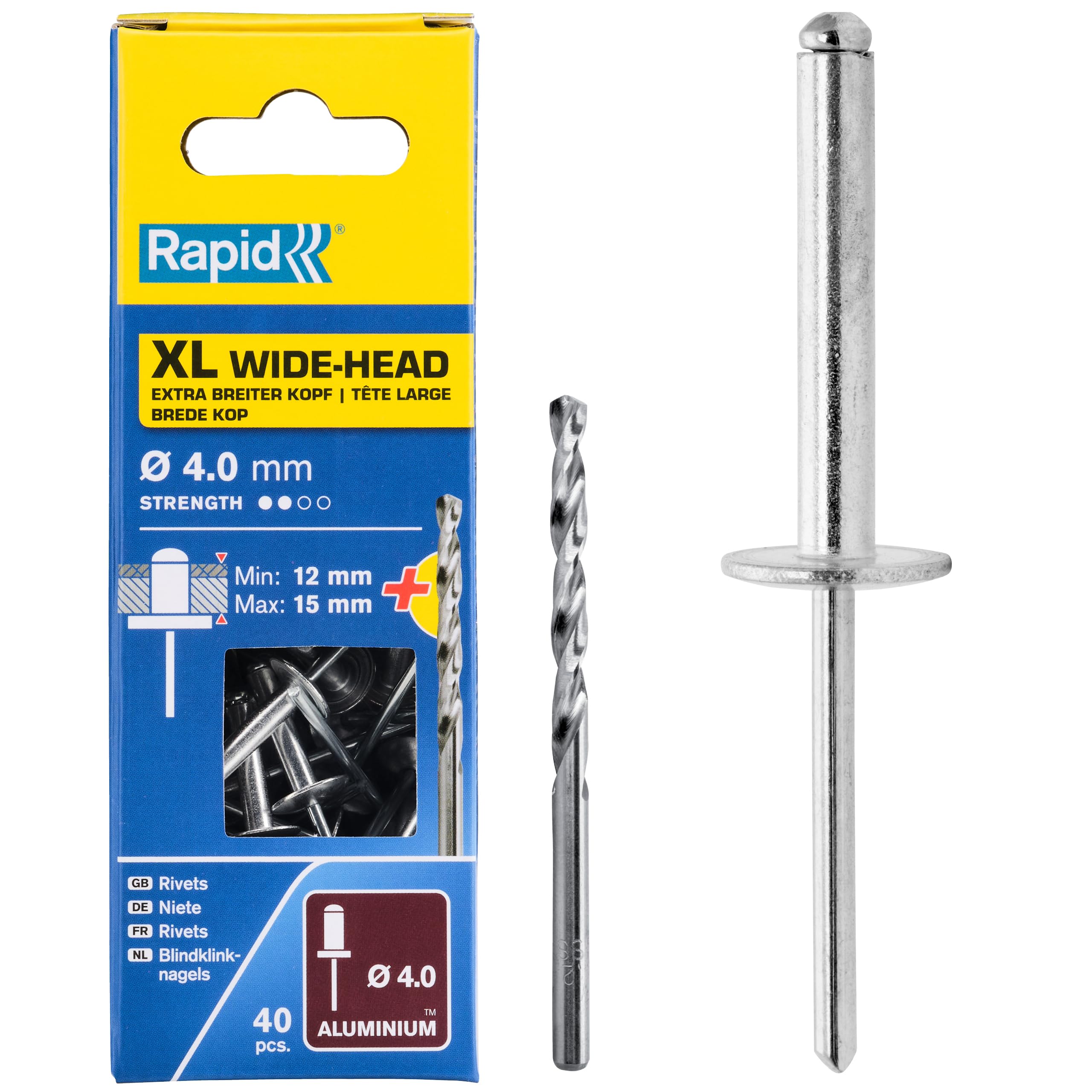Rapid XL Rivets Including Drill Bit, Ø4 x 18 mm, Pack of 40, 5000663
