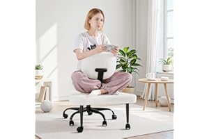 GUNJI Ergonomic Criss Cross Legged Office Chair, 360° Swivel Meditation Kneeling Chair with Wheels, ADHD Chair with Footrest, Lumbar Support, Wider Height Adjustable Seat (Teddy Fleece, White)