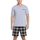 Vlazom Men's Pajama Sets Soft 2 Piece Pj's Set Short Sleeve Cotton Top and Plaid Pants for Loungewear Sleepwear with Pockets