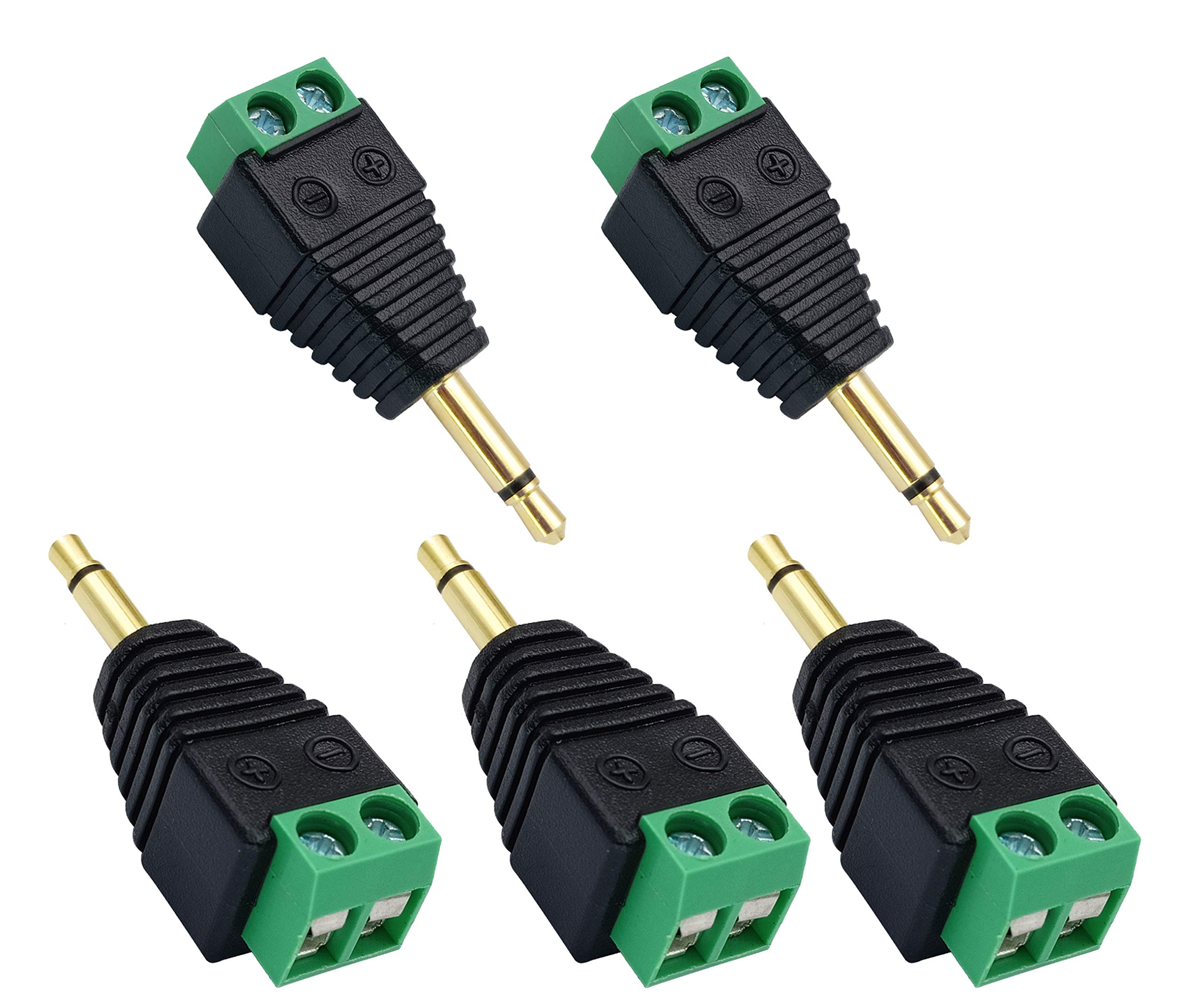 AAOTOKK 3.5mm Screw Terminal Gold Plated 3.5mm (1/8") TS Mono Male to 2 Pin Female Screw Terminal AUX Headphone Balun Solderless Converter Adapter(5-Pack/Male)