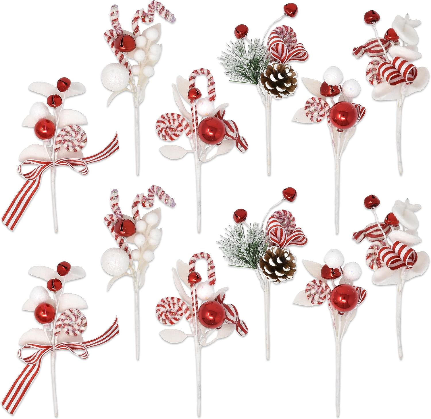 Vase Fillers - Set of 12 Christmas Red and White Picks Peppermint Candy Cane Balls Jingle Bells and Candies on Sticks 9 Inches for Xmas Vase Filler Crafts & Tree Ornament Wreath Holiday Home Party Decorations