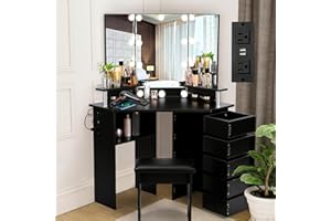 VOWNER Vanity with Lights - Makeup Vanity Desk with Power Outlet, 3 Color Lighting Options Brightness Adjustable, Vanity Table with 5 Rotating Drawers, Shelves and Stool for Bedroom, Black