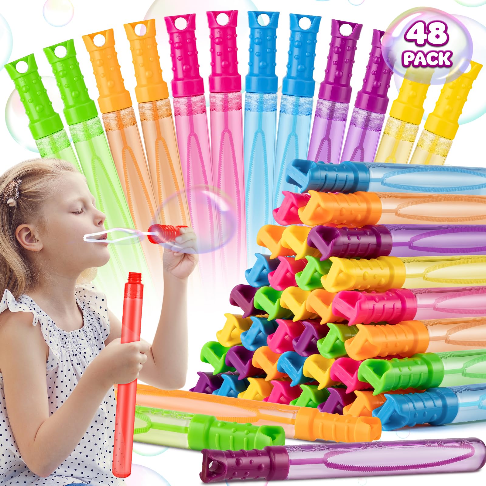 Photo 1 of 48 Pack Big Bubble Wands Bulk in 6 Colors, Bulk Bubbles Party Favors for Kids, Ideal Goodies Bags Stuffers, Easter, Summer, Halloween, Valentine, School Classroom Prizes for Boys & Girls