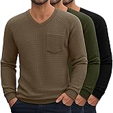 Neer 3 Pack Men's Big and Tall Waffle Thermal Long Sleeve Shirts V Neck Tops Casual Pullover Knit Undershirt with Pockets