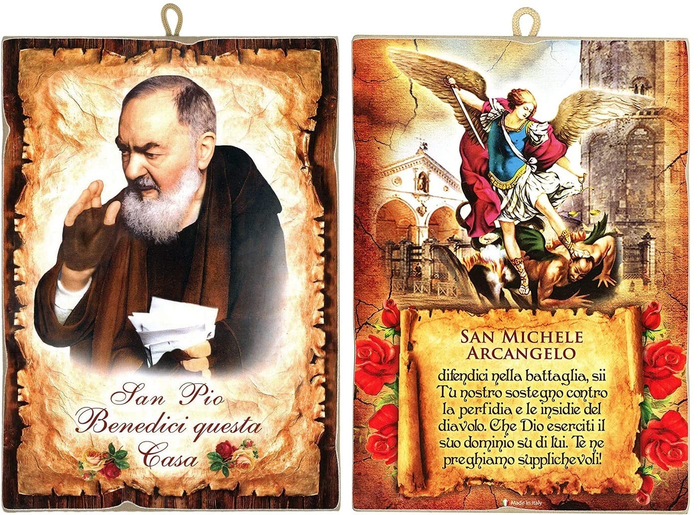 KUSTOM ART Composition of 2 Paintings Vintage Style Padre Pio and San Michele Archangelo. Print on Wood 18x25 cm each picture