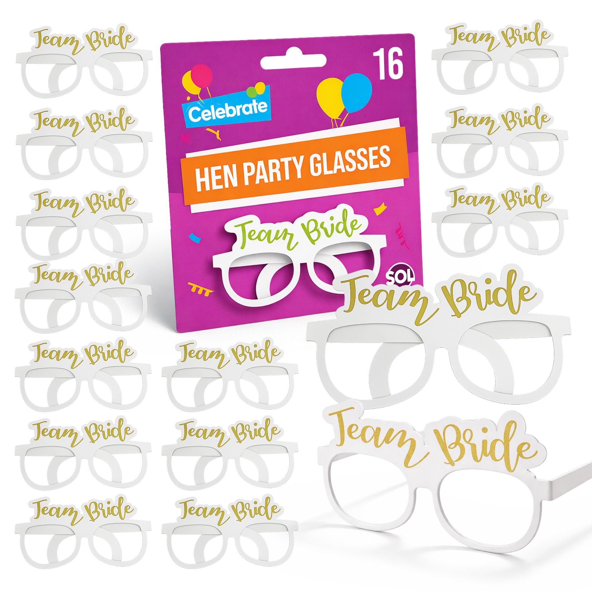 SOL 16pk Hen Party Glasses, White Card with Gold Foil Team Bride Print Sunglasses, Bachelorette Do Night Accessories or Fillers, Bride-To-Be Props, One Size Fits All for Pre-Wedding Celebrations