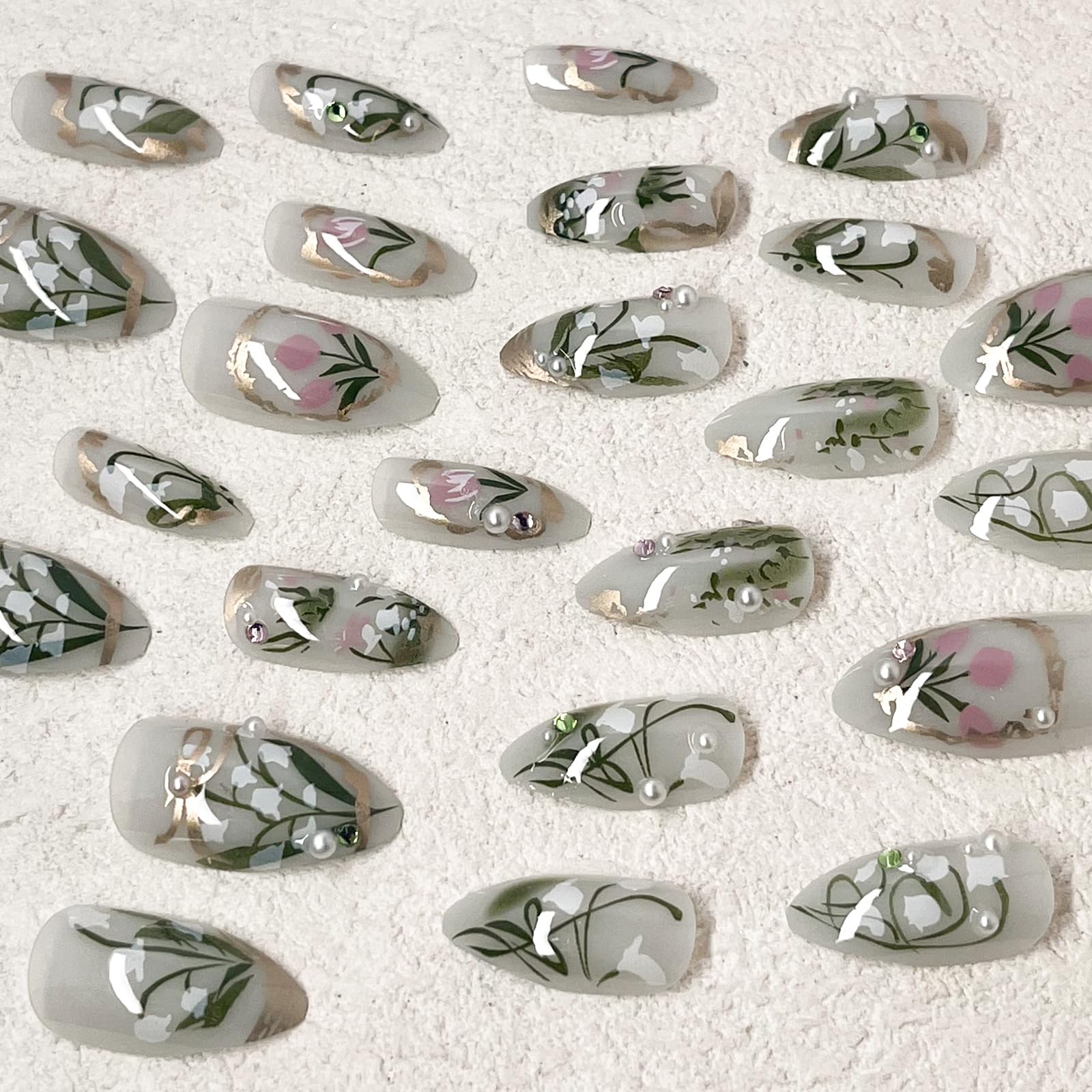 ROFIBUT Green Flower Press on Nails Medium Almond Fake Nails with 3D Pearl Rhinestones Designs Glossy Gold French Tips Bow False Acrylic Nails White Floral Full Cover Stick on Nails for Women 24Pcs - Image 4