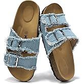 MOAILAOZI Women's Cork Sandals with Two Buckles Adjustable Straps, Arch Support Summer Fashion Denim Slippers, Comfortable Beach Flat Dressy Slip On