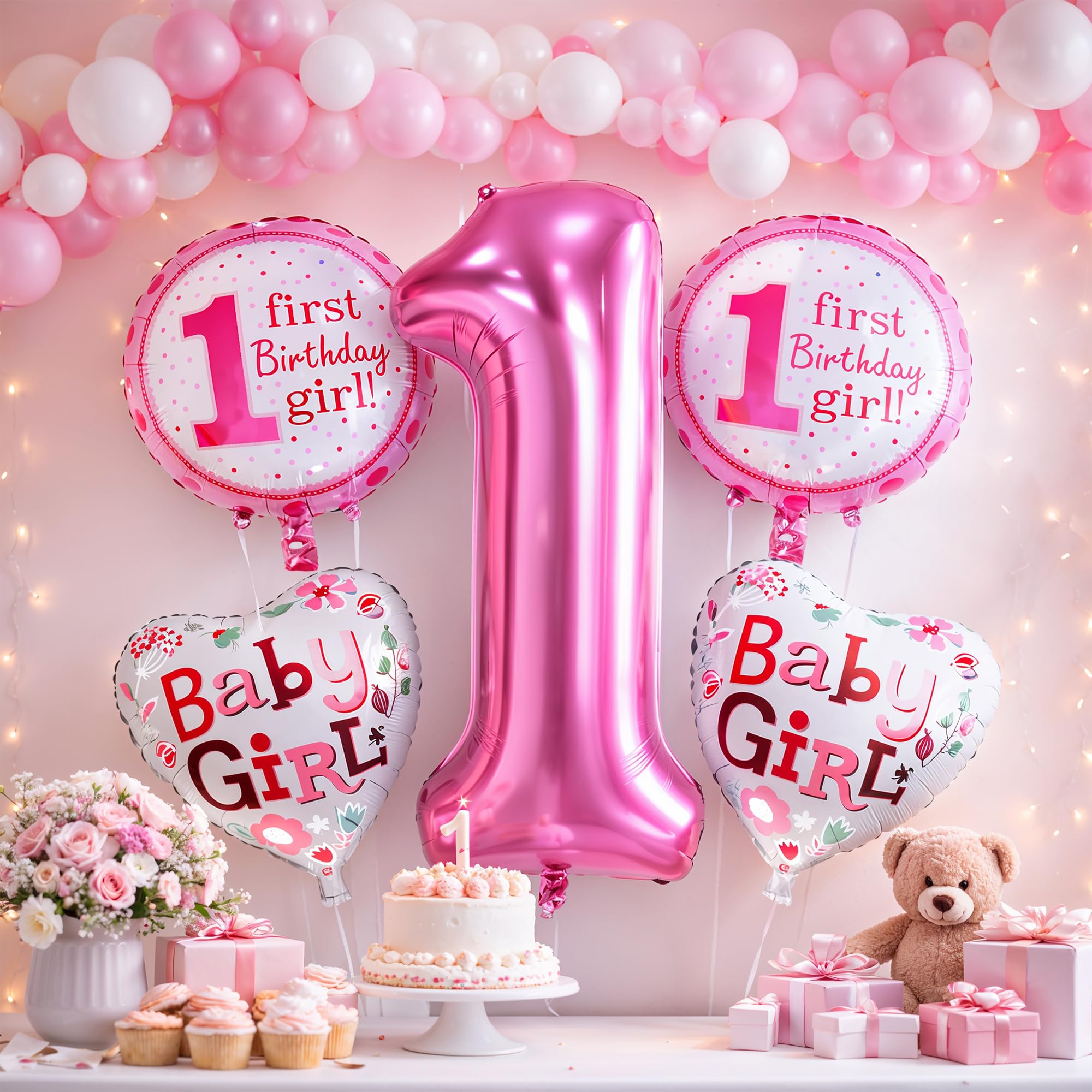 Trimming Shop Baby Girl 1st Birthday Decoration Set, 14"Baby Shower Foil Balloon for Welcome Party, Pink