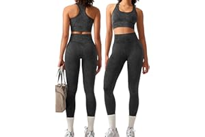 OLCHEE Womens Workout Sets 2 Piece - Acid Wash Seamless Yoga Outfits High Waist Leggings Padded Racerback Sports Bra Gym Set