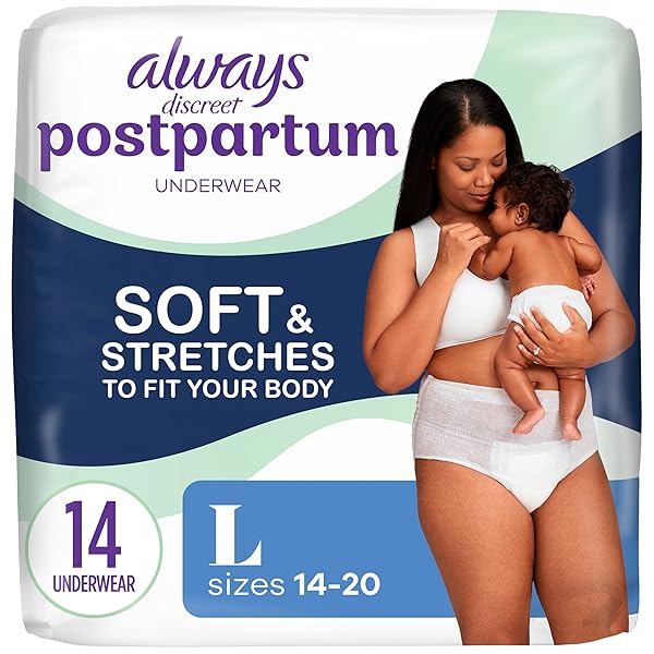 ALWAYS DISCREET POSTPARTUM AND ADULT INCONTINENCE UNDERWEAR FOR WOMEN, SIZE L, MAXIMUM PROTECTION, 14 CT