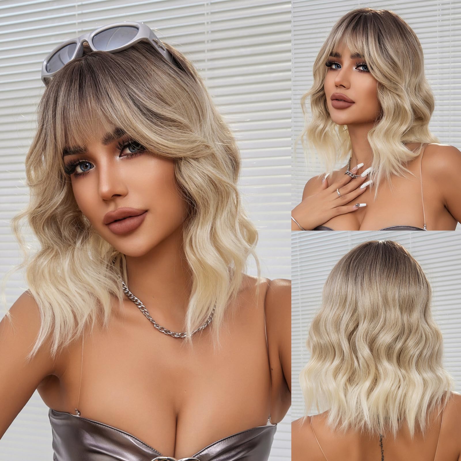 OUFEI Ombre Blonde Wigs for Women Short Wavy Wig With Bangs Natural Synthetic Hair Heat Resistant Wigs for Daily Party Cosplay Wear — image 1