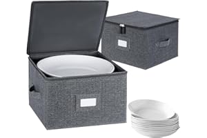 popoly China Storage Containers Hard Shell Inside 13" W x 8" H, Charger Plate Storage Containers for Dishes, Dinnerware with 24 Felt Dividers, Hold 24 Plates, Stackable (2 Pack Grey)