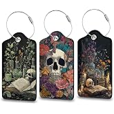 Skull Flowers Luggage Tag for Suitcase, Privacy Cover ID Label with Stainless Steel Loop and Address Card for Travel Bag Suitcase Backpack, 3 Pack