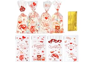 BOEIAC 100 PCS Valentine Treat Bags, Valentine Cellophane Treat Bags, Valentine Candy Cookie Goodies Gift Bags with 100Pcs Gold Twist Ties for Valentine's Day Wedding Party Favor Supplies, 4 Styles