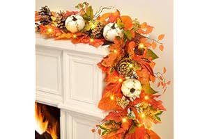 YASTOUAY Fall Decorations for Home, 6 FT Fall Garland with White Gilded Pumpkins, Lifelike Pinecones Berries & Maple Leaves, Fall Leaves Garland with Lights for Table Mantle Thanksgiving Home Door Decor