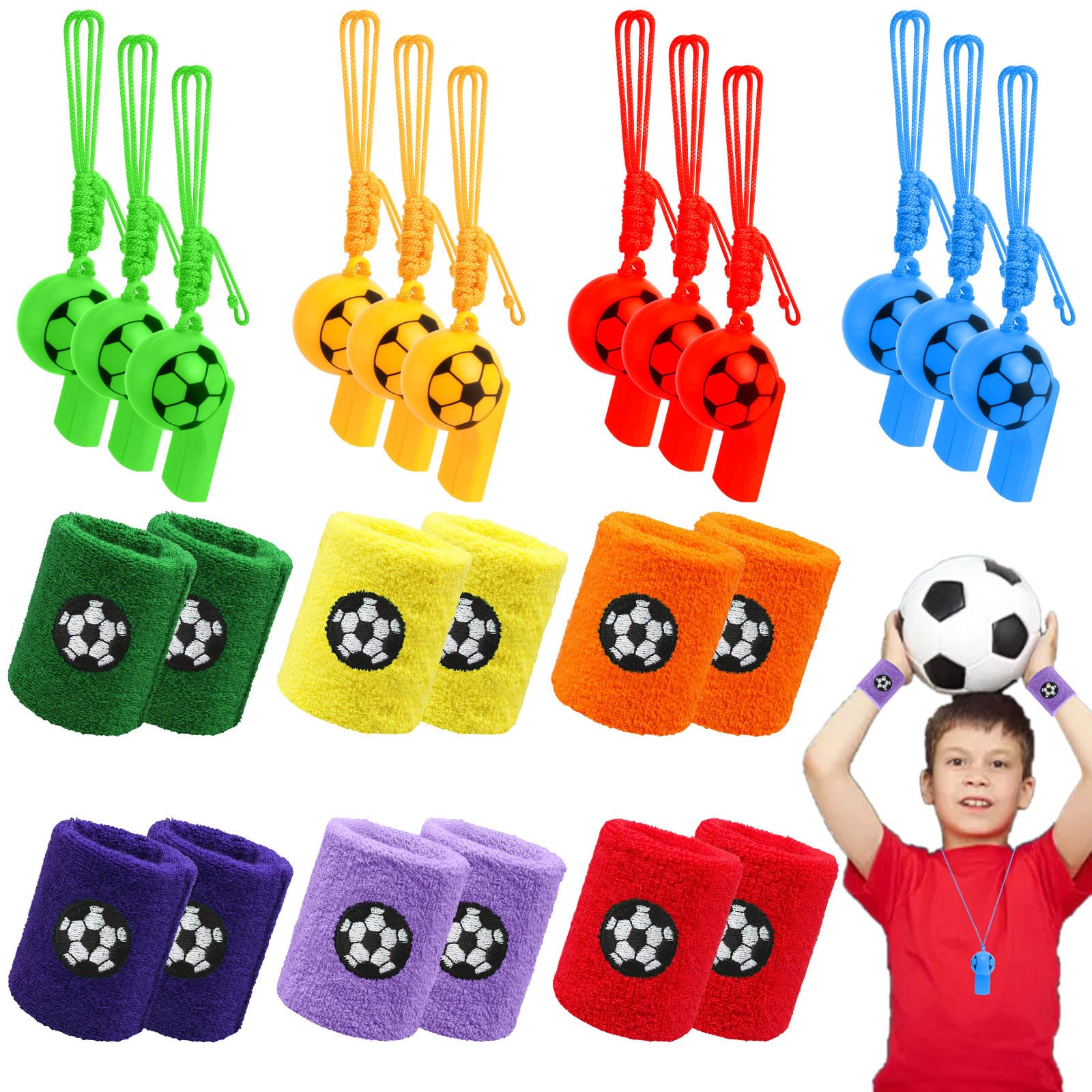 dafuhao 12PCS Sports Wristbands for Kids+12PCS Plastic Sports Whistles Colorful Football Wrist Sweatbands for Party Sports Favors, Party Bag Present Fillers, Moisture Wicking