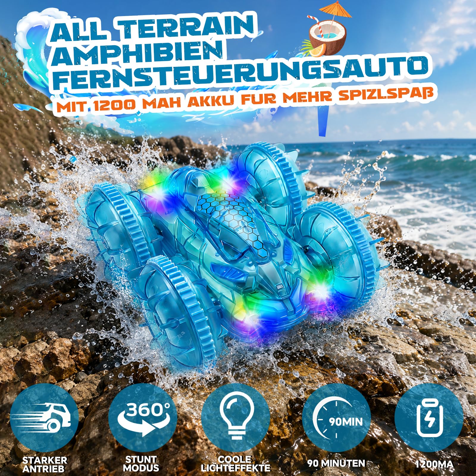 Morofme Amphibienfahrzeug Ferngesteuert Auto, 2.4GHz Ferngesteuertes Auto Kinder, 4WD 360° Stunt RC Car RGB Licht, 90Min Spielzeit Ferngesteuertes Auto ab 4-12 Jahre für Outdoor Pool Strand Spielzeug 2
