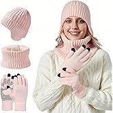 Vettres Winter Hat Scarf Gloves Set for Women Warm Knit Beanie with Touchscreen Gloves and Neck Warmer 3 in 1 Winter Set