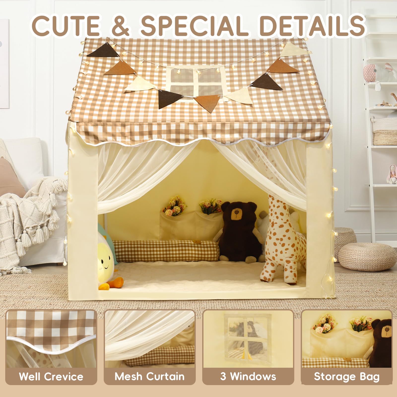 RONGFA Playhouse for Indoor & Outdoor, with Star Light, Flags and Carry Bag, Washable Kids Tent for Girls & Boys (Lattice Top)