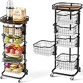 Ocyfym 5 Tier Kitchen Fruit Vegetable Storage Cart with One-Piece Rotating Basket, Pantry Organizer Shelf Rack Floor Stand for Veggie Onion Potato Produce Spice, Rolling Snack Cart on Wheels, Black