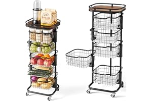 Ocyfym 5 Tier Kitchen Fruit Vegetable Storage Cart with One-Piece Rotating Basket, Pantry Organizer Shelf Rack Floor Stand for Veggie Onion Potato Produce Spice, Rolling Snack Cart on Wheels, Black