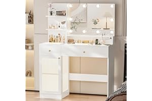 INNOD 40" Vanity Desk with Large Mirror and Lights, Modern Glass Top Makeup Vanity Set with Power Outlet, Drawers and Cabinet, 3 Lighting Color Adjustable Dressing Table for Bedroom,White