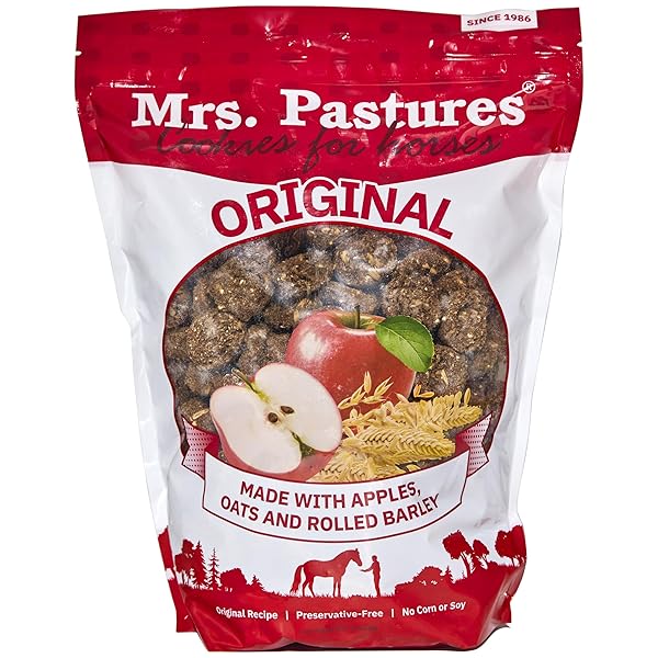 MRS PASTURES COOKIES AND TREATS FOR HORSES – PREMIUM HORSE TREATS – MADE WITH APPLES, OATS, AND ROLLED BARLEY – PRESERVATIVE FREE – ALL NATURAL INGREDIENTS – NO CORN OR SOY – MADE IN USA – (5LB BAG)