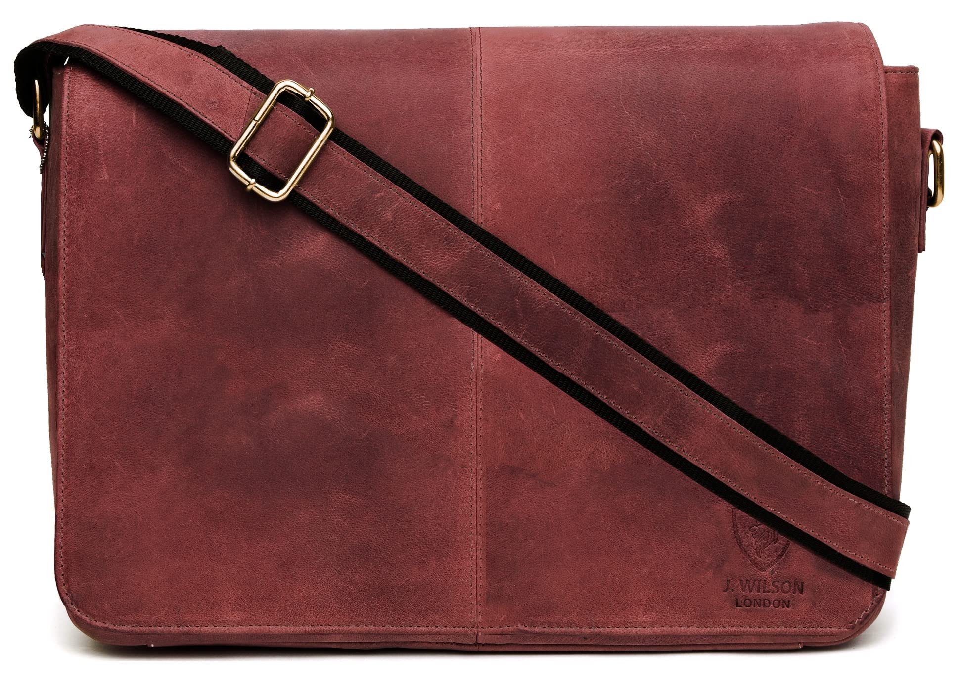 J. Wilson London Messenger Bag Mens Leather Flapover 10 litres (Distressed Maroon)