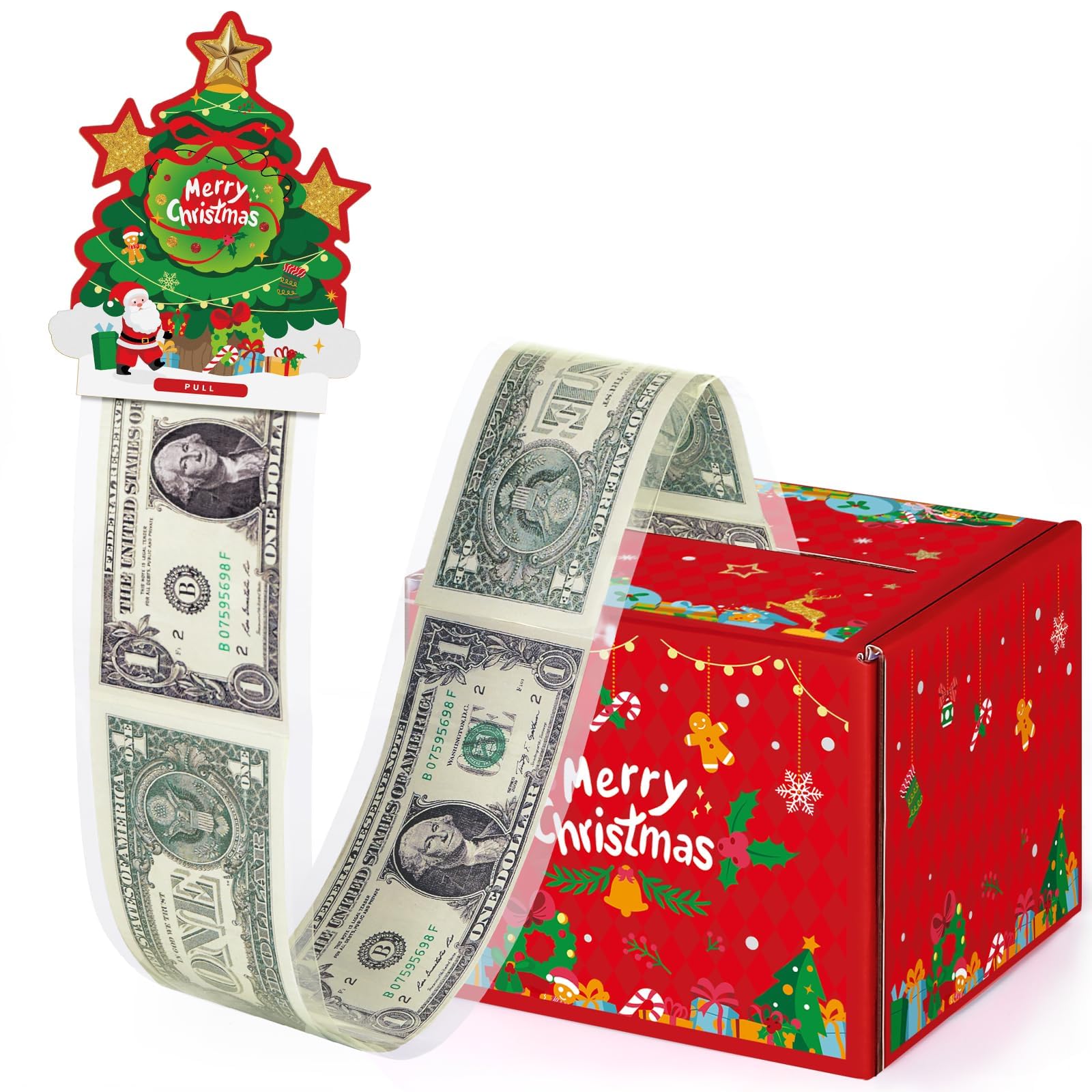 WERNNSAI Christmas Money Box for Cash Gift - Surprise Christmas Tree Gift Box Money Pull Out Card and 50 Pcs Transparent Bags Money Surprise Boxes Fun Way to Give Cash as A Gift