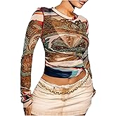 GORGLITTER Women's Paisley Print Sheer Mesh Crop Tops Y2K Long Sleeve Crewneck Slim T Shirt
