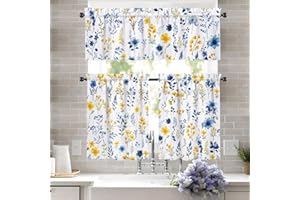 WTQPLNMCB Yellow Blue Floral Kitchen Curtains and Valances Set Flowers 3 Piece Kitchen Curtains 36 Inch Decor