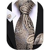 Barry.Wang Men Tie Set Paisley Silk Necktie Pocket Square Cufflinks Formal Wedding Business Party