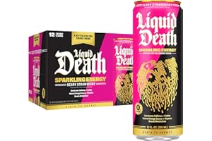Liquid Death Sparkling Energy - Scary Strawberry (Strawberry and Lemon Flavor), Sugar-Free Energy Drink, Unextreme Caffeine 100mg, Essential Vitamins, 12 Fl Oz (Pack of 12)