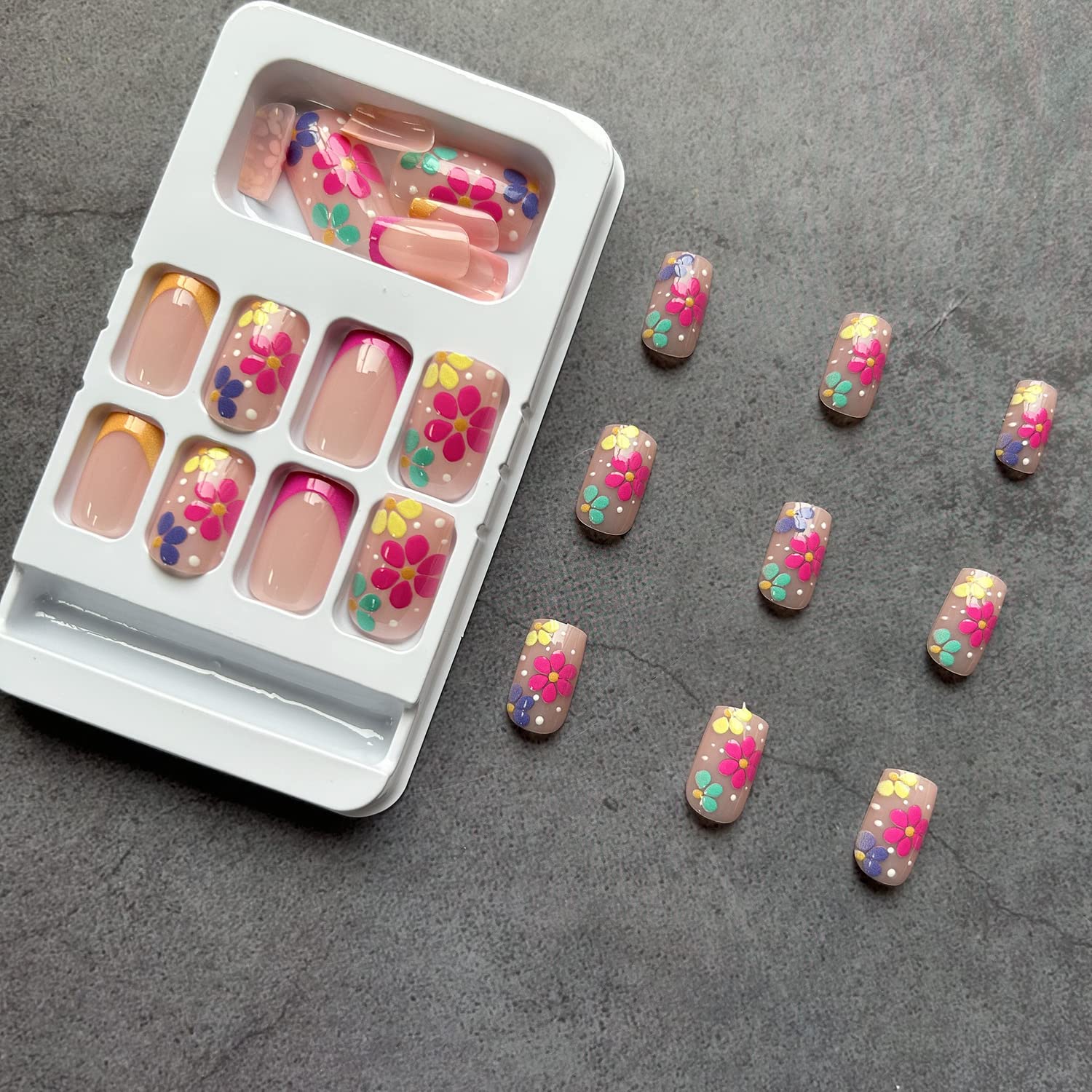 French Tip Press on Nails Short Square Fake Nails Nude Pink False with Flower Designs Acrylic Artificial Nails Full Cover Glue on Nails Stick on Nails for Women Girls - Image 6