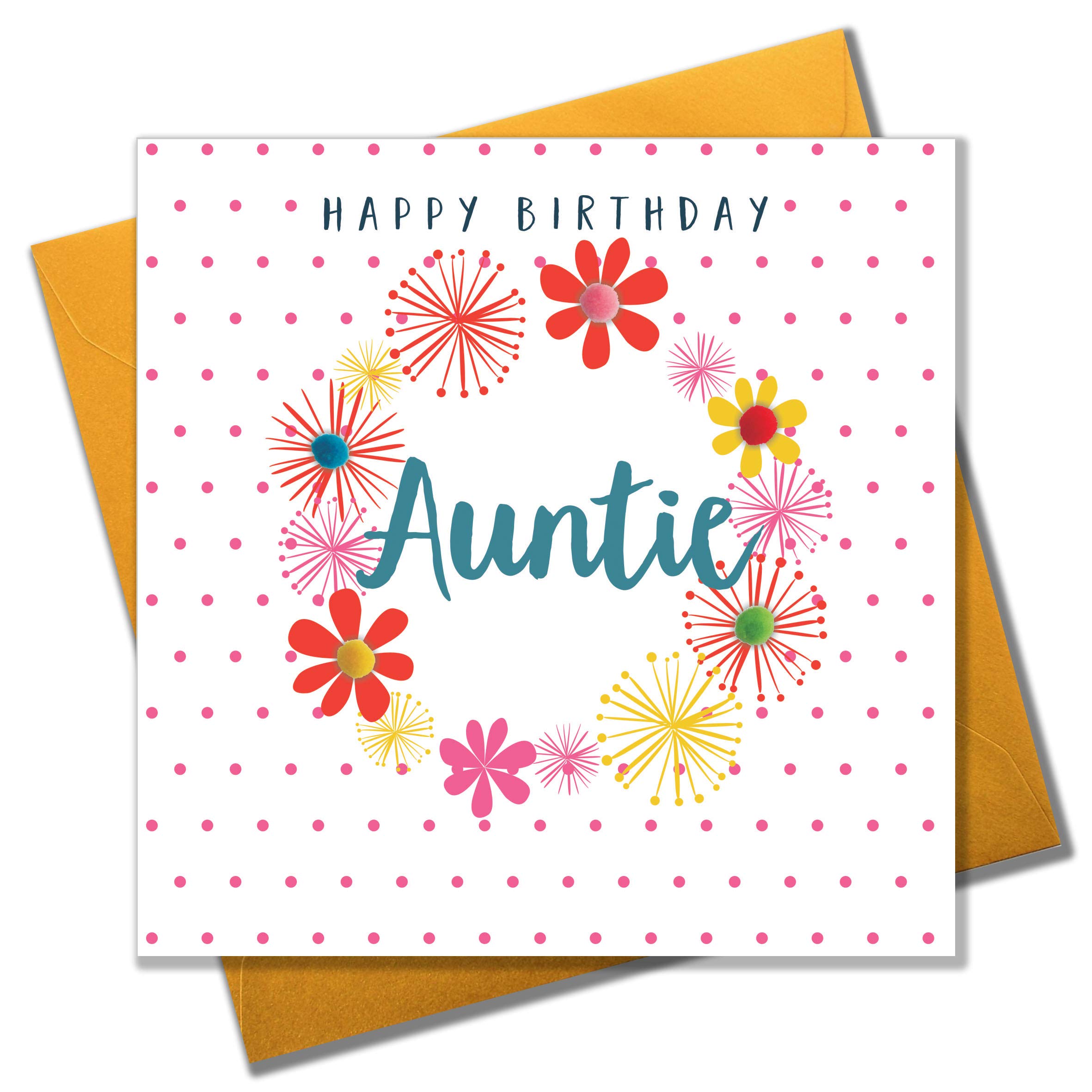 Claire Giles Greeting Cards, Happy Birthday Auntie Card, Flowers & Dots design Greeting Card for Aunty, Embellished with colourful Pompoms