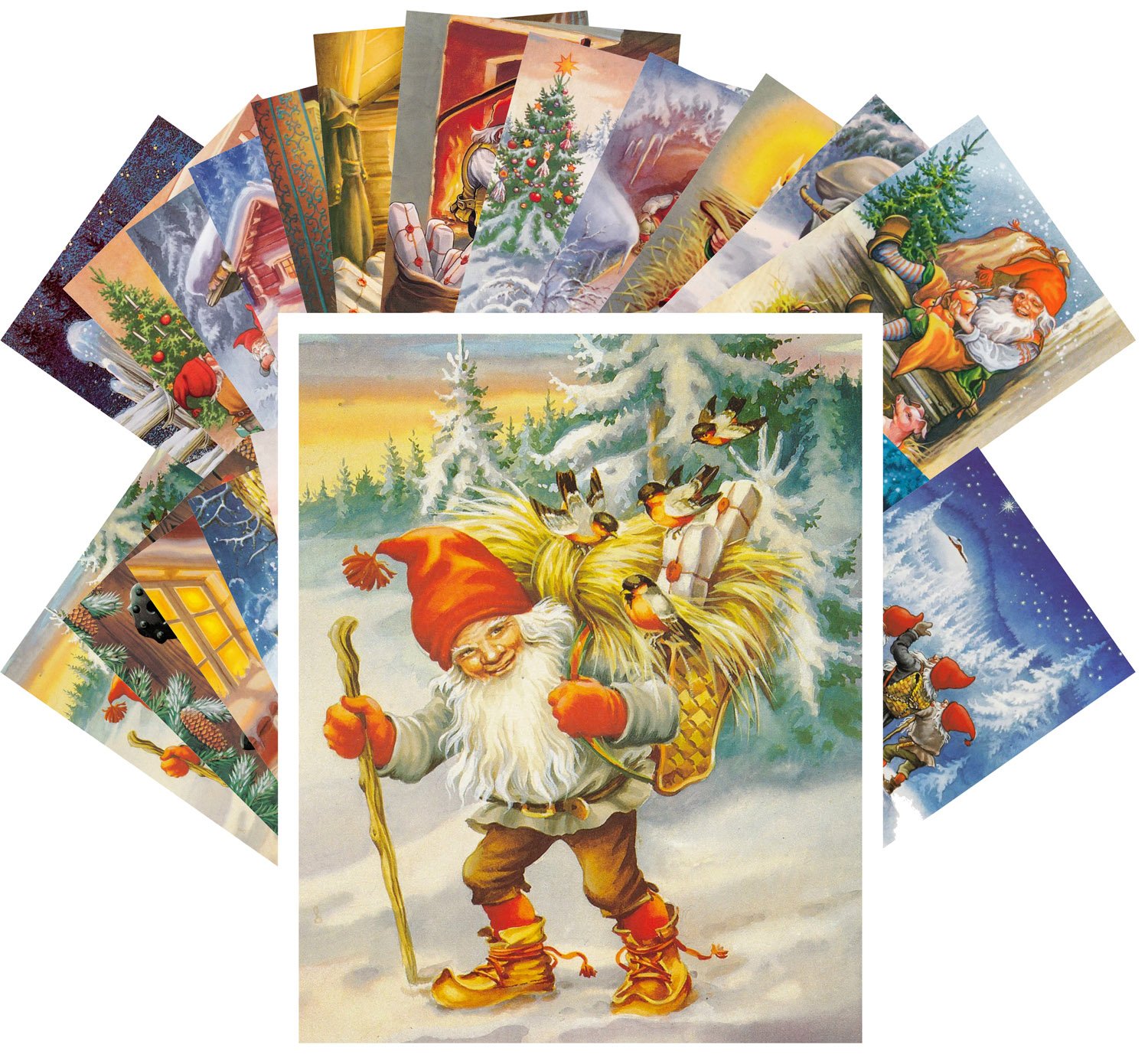 Postcard Set 24pcs Vintage Christmas Gnomes by Lars Carlsson Dwarwes