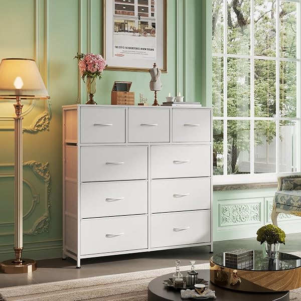 WLIVE 9-DRAWER DRESSER, FABRIC STORAGE TOWER FOR BEDROOM, HALLWAY, CLOSET, TALL CHEST ORGANIZER UNIT FOR BEDROOM WITH FABRIC BINS, STEEL FRAME, WOOD TOP, EASY PULL HANDLE, WHITE