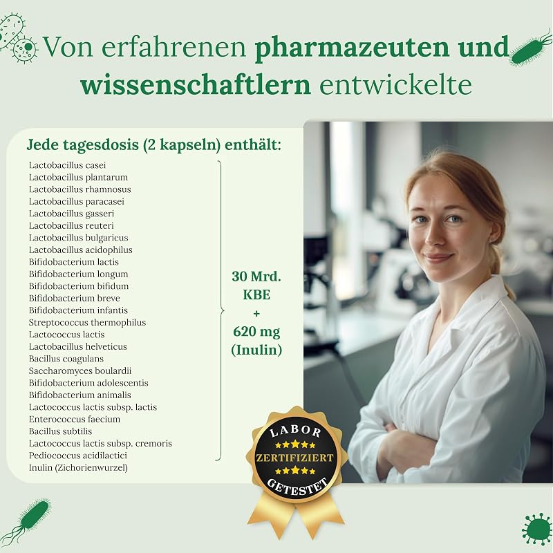 Probioc Kulturen Komplex - 25 Bakterienstämme + Inulin - 300 Mrd. KBE/g - 180 hochdosierte & magensaftresistente Kapseln - mit Lactobacillus & Bifidobakterien - Raibu