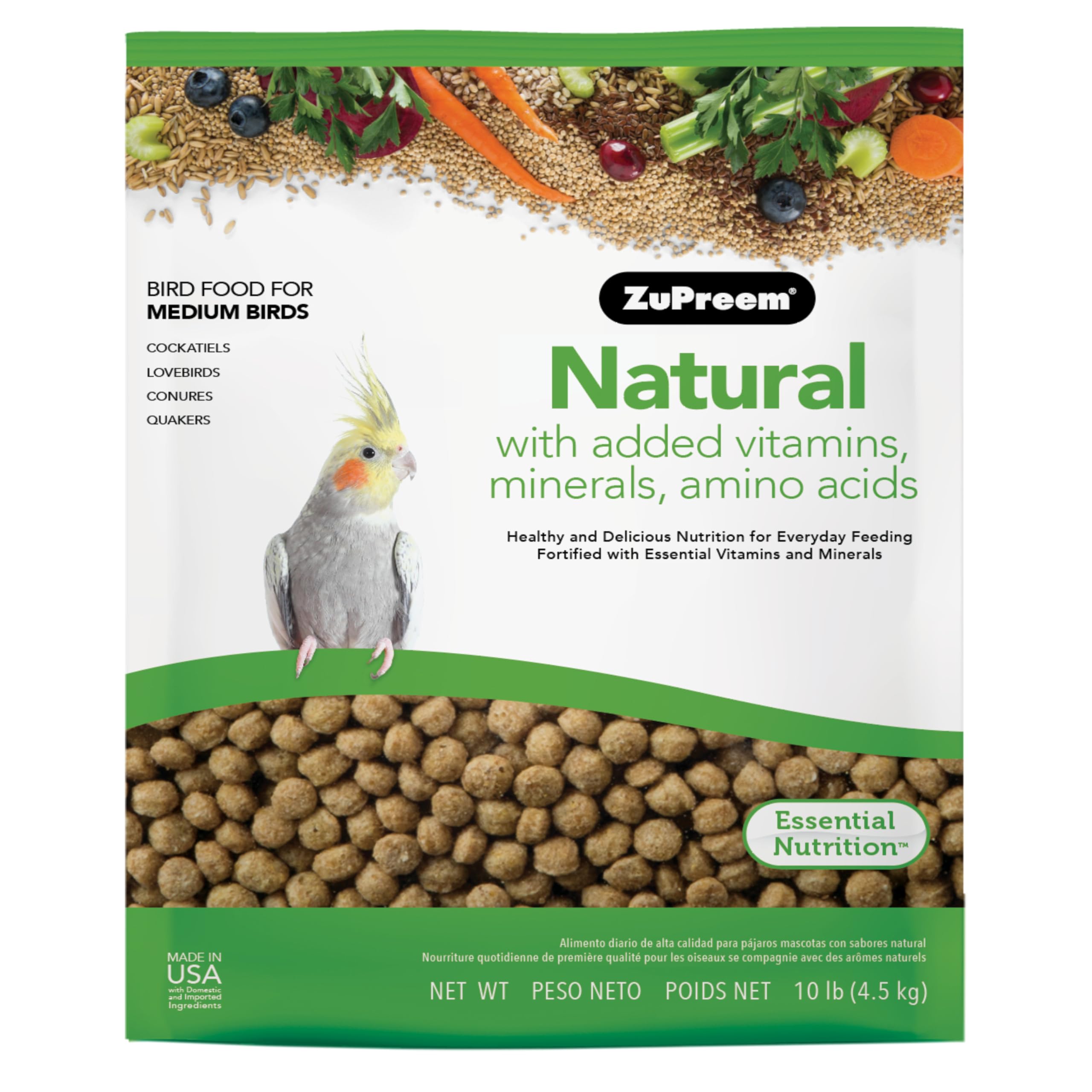 ZuPreem Natural Bird Food, Daily Bird Feed Pellets for Cockatiel, Lovebird, Quaker, Small Conure, Lorikeet, ZuPreem Core Nutrition, Added Vitamins, Made in USA, Cockatiel Food, (Medium, 10 lb Bag) Image