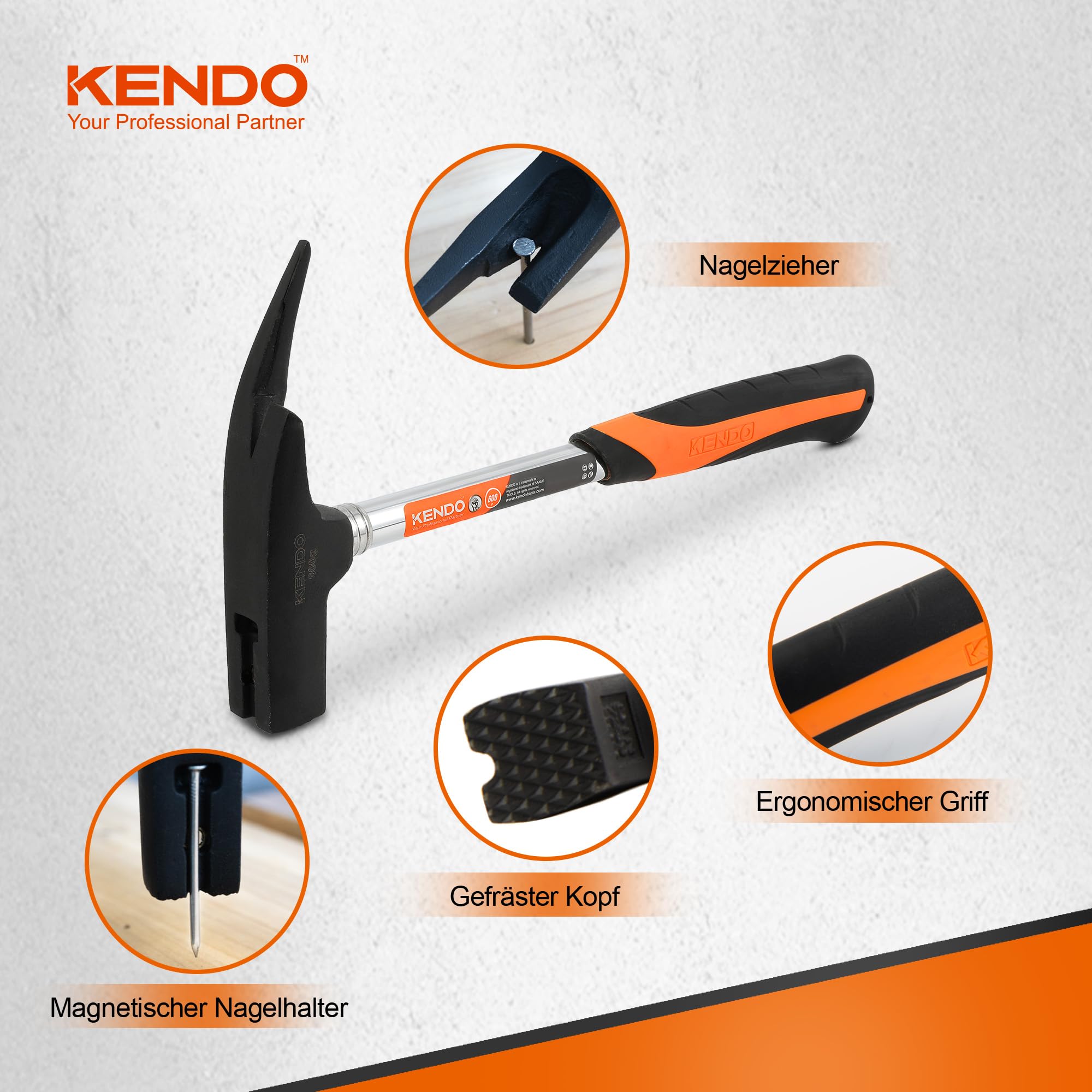 KENDO Latthammer Zimmermannshammer 600g mit Magnetischem Nagelhalter 2