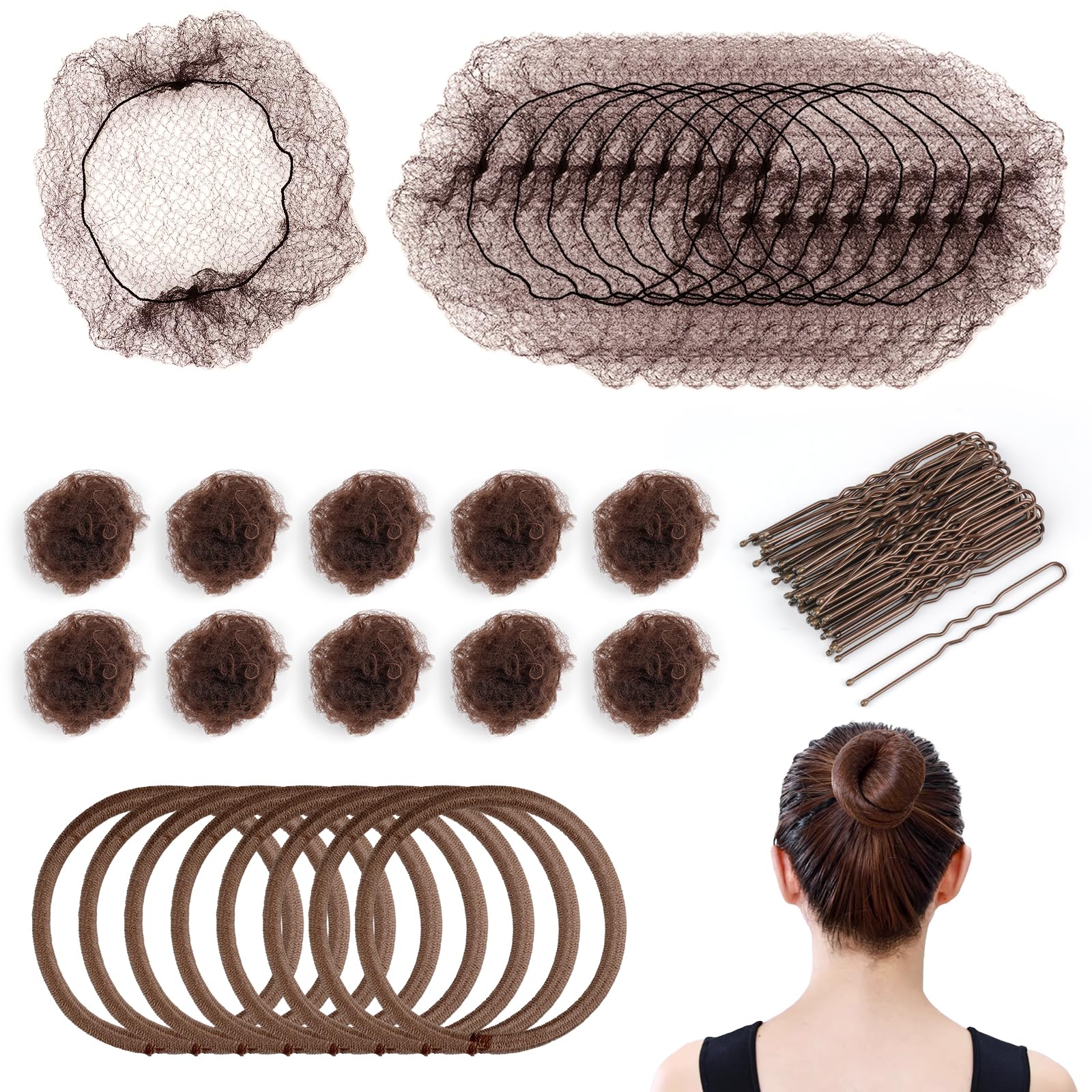90Pcs Hair Bun Net Set, Incluede 40 Invisible Ballet Hair Nets with 10p Elastic Hair Tie and 40 Hair Pin, Elastic Mesh Hairnets Hair Styling Accessories for Ballet Dancer Women Child (Brown) — image 1