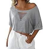 SOFIA'S CHOICE Women Distressed Off Shoulder Crop Top Ripped Loose Short Sleeve T Shirt