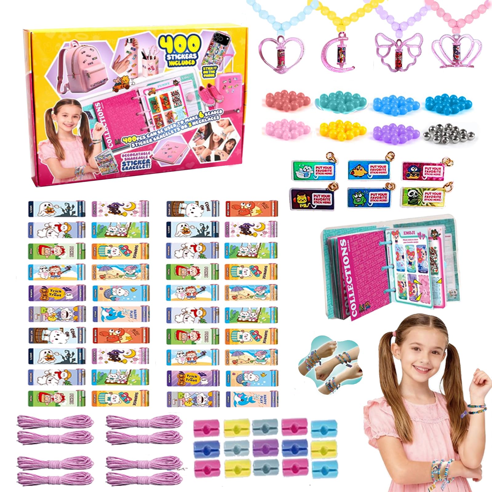 Goorder Bracelet Making Kit, 400Pcs Sticker Bracelet Set for Girls 6+, 10 Cute Pendants &Collect Book, Friendship Fun & Creative Stickers, Toys for Ages 5 6 7 8 9 10 11 12 Years Old Birthday Gifts
