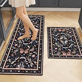 Ileading Kitchen Rugs Set 2 Piece, Non Slip Washable Kitchen Mats for Floor | Farmhouse Kitchen Runner Rug Set, Stain Resistant Vintage Floor Carpets for Kitchen, Sink, Hallway, Laundry, Entryway, Black