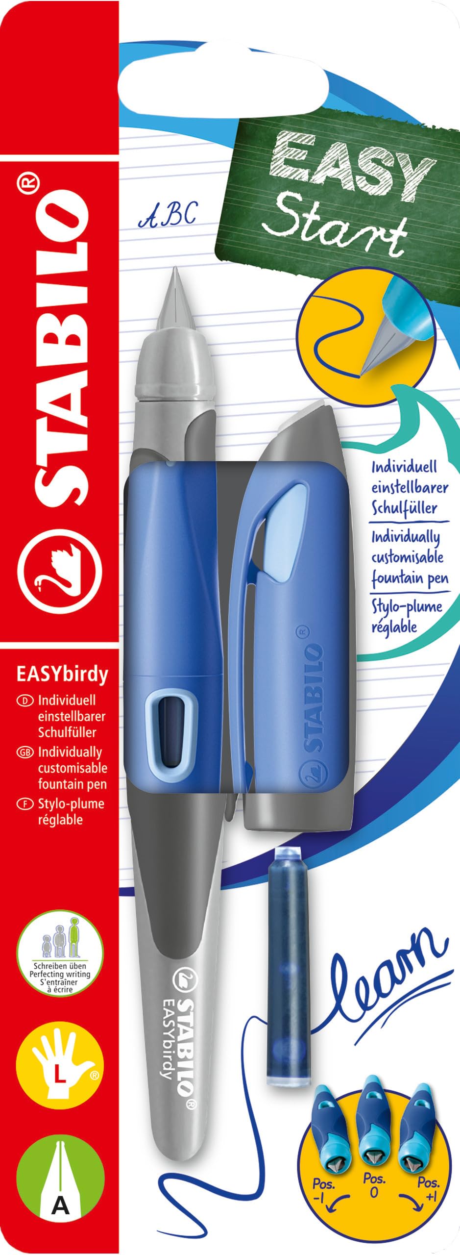 STABILO Ergonomic School Fountain Pen EASYbirdy - A Nib - Left Handed - Blue/Light Blue + tool for nib exchange
