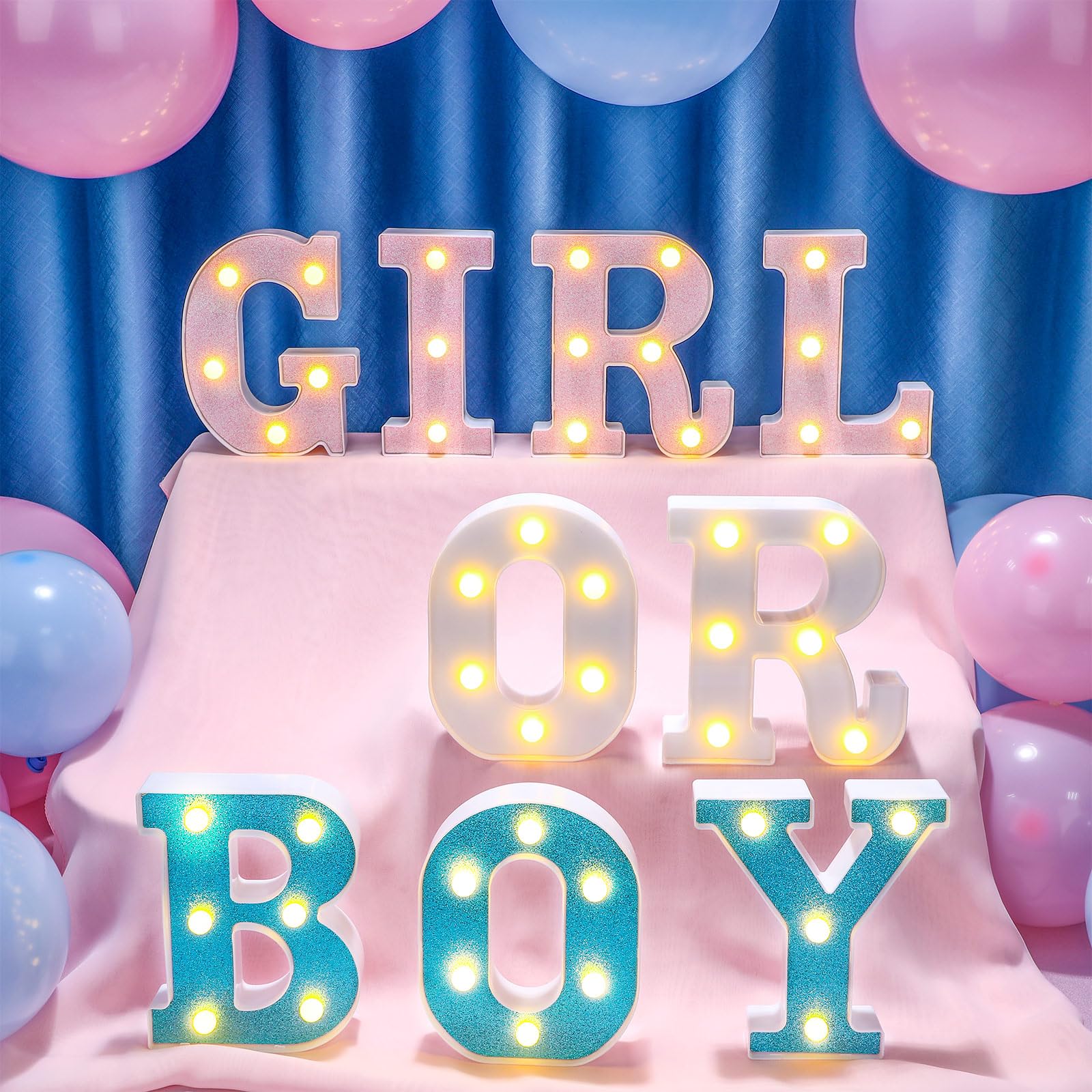 Photo 1 of Aurelema Boy or Girl Gender Reveal Party Decorations Light up Letters Glitter Sign Battery Powered Pink Blue Marquee Lighted Sign Alphabet LED Letter Lights for Baby Shower Tabletop Decor Supplies