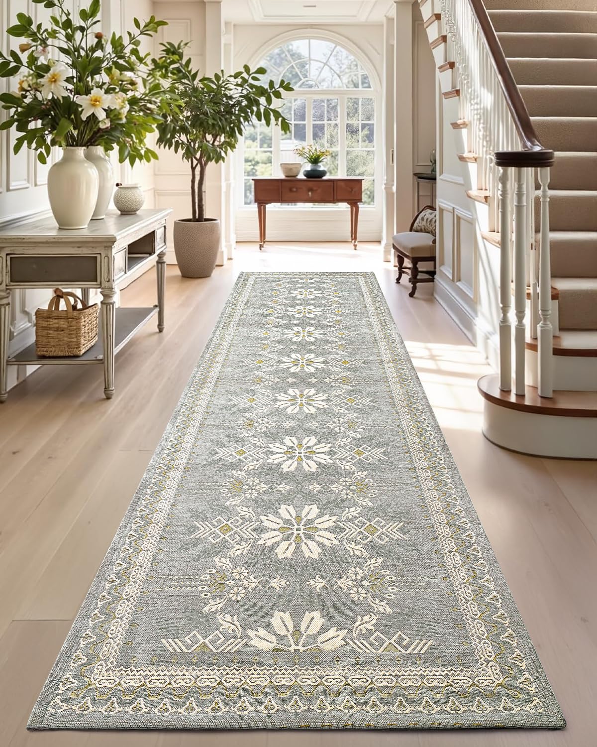 Photo 1 of DEXI Hallway Thin Runner Rug, 2'4"x8' Washable Vintage Entry Non Slip Long Rugs, Traditional Floral Low Pile Indoor Carpet