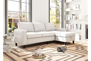 ZeeFu Convertible Sectional Sofa Couch,Modern Beige Linen Fabric 3 Seat L-Shaped Sectional Sofa Couch Furniture with Storage Reversible Ottoman and Pockets for Living Room Office Apartment Small Space